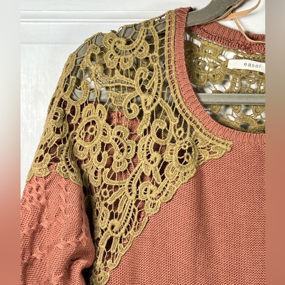 Anthropologies Easel Boho Textured knit Crochet Sweater Tunic Bell sleeves M/L - Picture 3 of 10